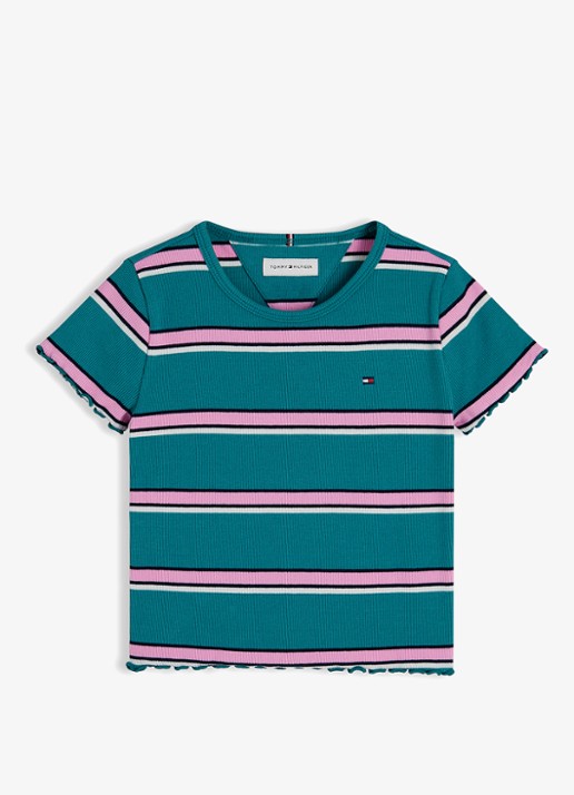 Tommy Hilfiger T-shirt met ribstructuur en logo - voorkant turquoise