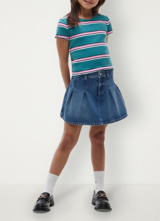 Tommy Hilfiger T-shirt met ribstructuur en logo - voorkant 2 turquoise
