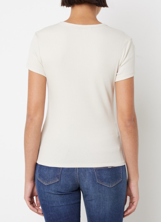 Tommy Hilfiger T-shirt met ribstructuur en logoborduring - achterkant 3 creme