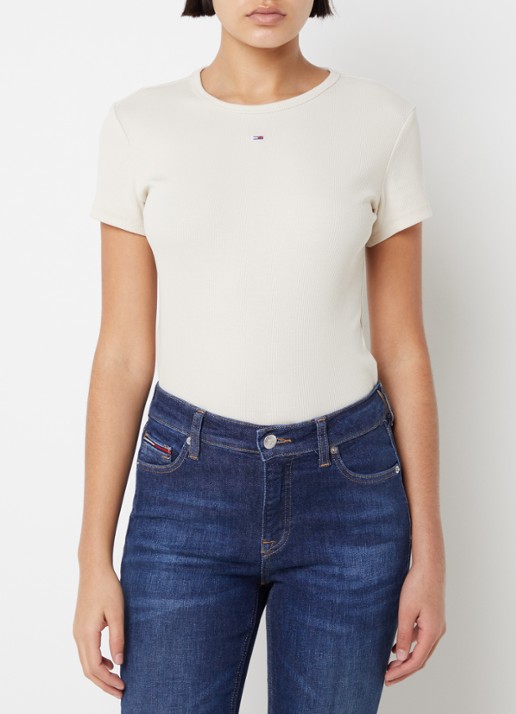 Tommy Hilfiger T-shirt met ribstructuur en logoborduring - detail 4 creme