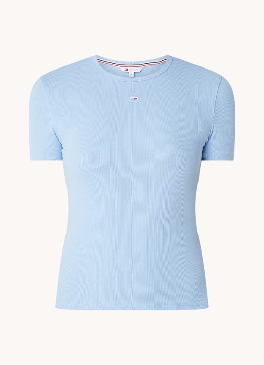 Tommy Hilfiger T-shirt met ribstructuur en logoborduring - voorkant 2 lichtblauw
