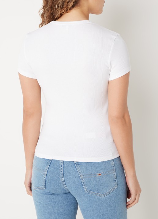 Tommy Hilfiger T-shirt met ribstructuur en logoborduring - achterkant 3 gebroken wit