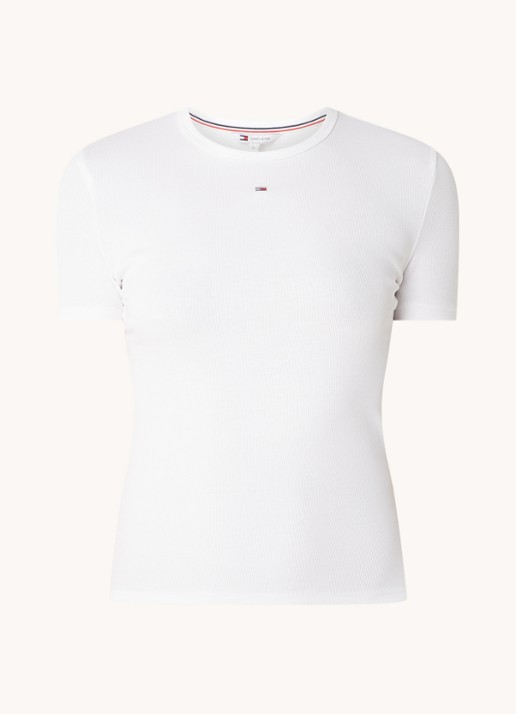 Tommy Hilfiger T-shirt met ribstructuur en logoborduring - voorkant gebroken wit
