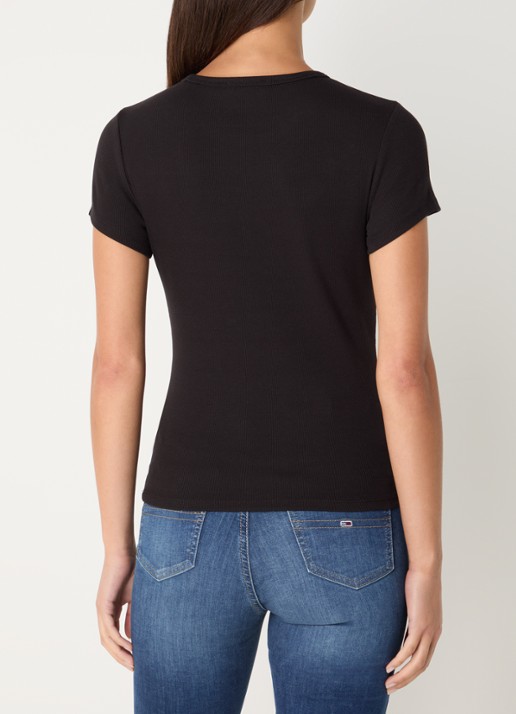 Tommy Hilfiger T-shirt met ribstructuur en logoborduring - achterkant 4 zwart