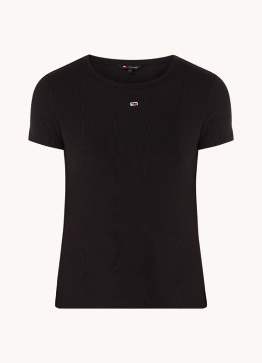 Tommy Hilfiger T-shirt met ribstructuur en logoborduring - voorkant zwart