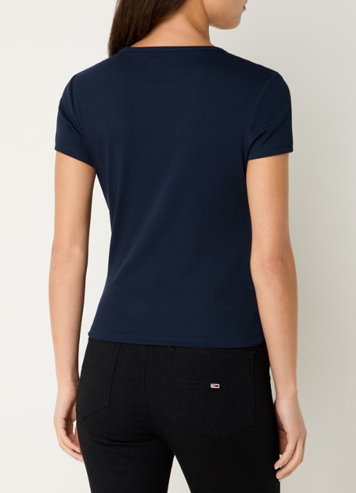 Tommy Hilfiger T-shirt met ribstructuur en logoborduring - achterkant 3 donkerblauw