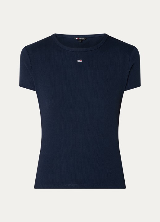Tommy Hilfiger T-shirt met ribstructuur en logoborduring - voorkant donkerblauw