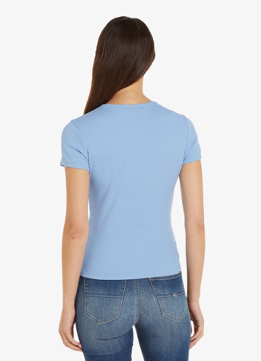 Tommy Hilfiger T-shirt met ribstructuur en logoborduring - achterkant staalblauw