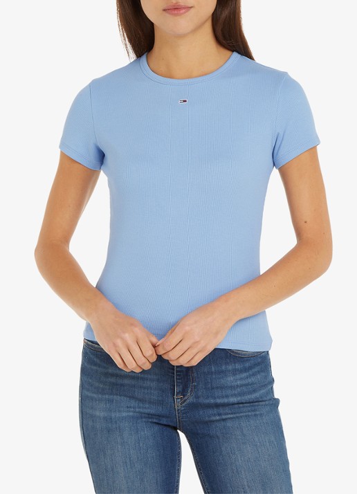 Tommy Hilfiger T-shirt met ribstructuur en logoborduring - detail 2 staalblauw