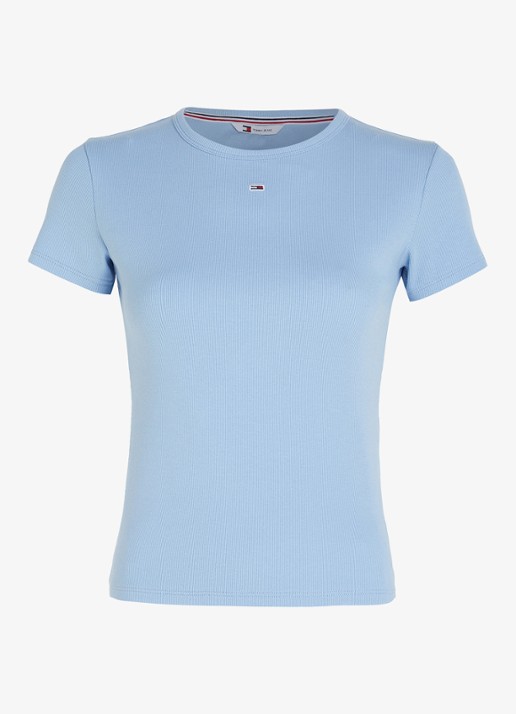 Tommy Hilfiger T-shirt met ribstructuur en logoborduring - voorkant 5 staalblauw