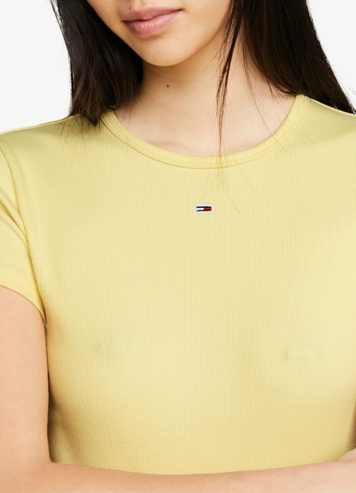 Tommy Hilfiger T-shirt met ribstructuur en logoborduring - detail 3 citroengeel