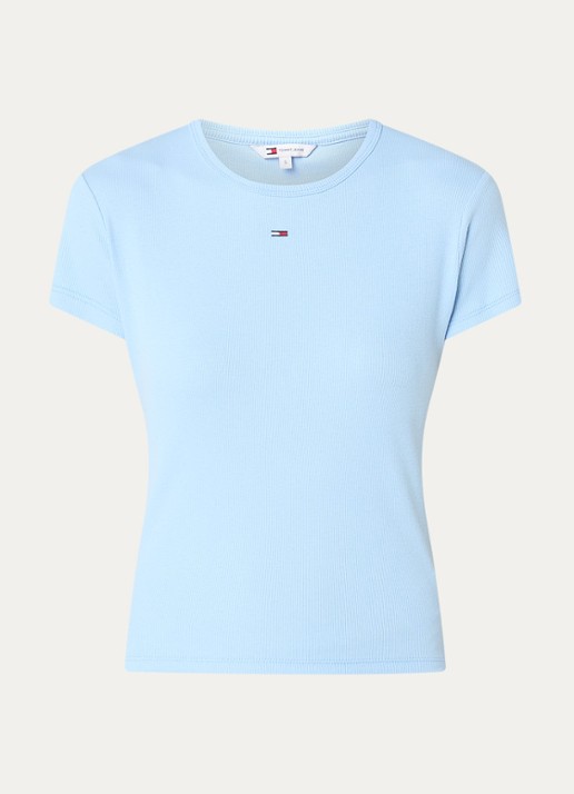 Tommy Hilfiger T-shirt met ribstructuur en logoborduring - voorkant 2 blauwgrijs