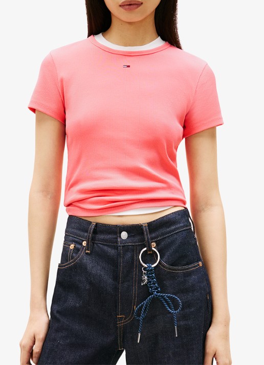 Tommy Hilfiger T-shirt met ribstructuur en logoborduring - detail roze