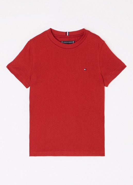 Tommy Hilfiger T-shirt met streepprint en logoborduring - voorkant dark magma / rood