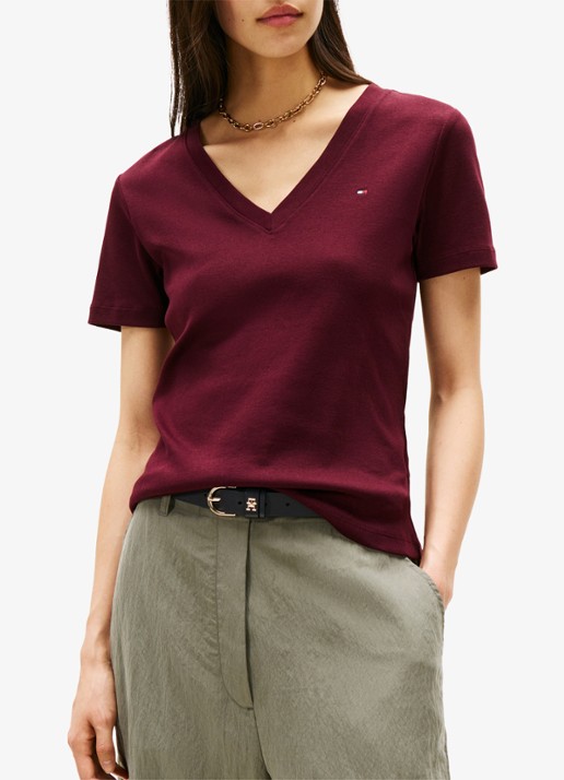 Tommy Hilfiger T-shirt met V-hals - detail 2 bordeauxrood