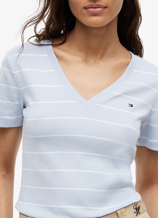 Tommy Hilfiger T-shirt met V-hals - detail 5 fine stp breezy blue / ecru-0ff / lichtblauw