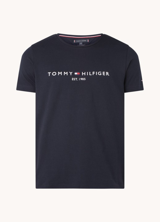 Tommy Hilfiger T-shirt van  katoen met logoborduring - voorkant donkerblauw