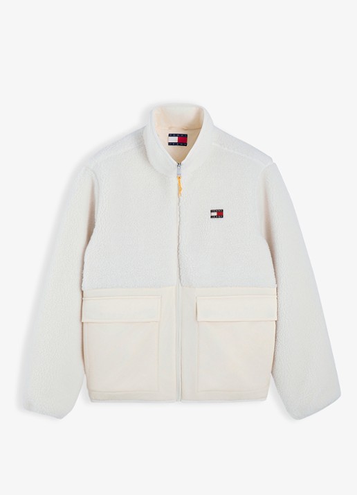 Tommy Hilfiger Teddy jas met logoborduring - voorkant creme