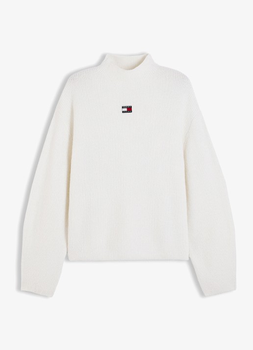 Tommy Hilfiger Tommy Badge ribgebreide trui in alpaca wolblend met logo  - voorkant 2 gebroken wit
