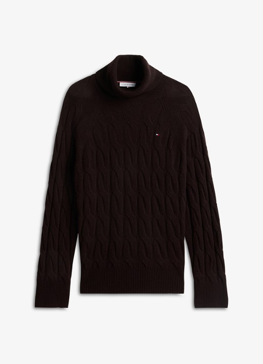 Tommy Hilfiger Trui van wol met col  - voorkant 2 donkerbruin