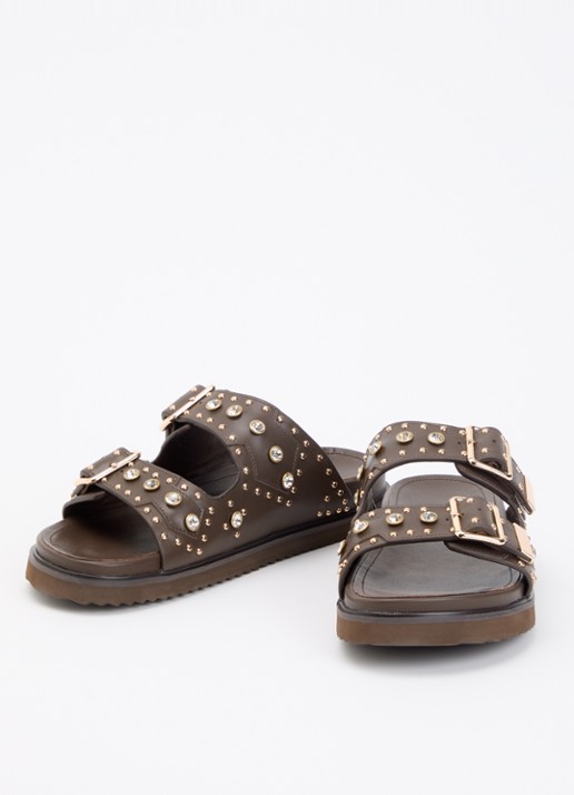 Toral Marta slipper van leer met studs - detail donkerbruin