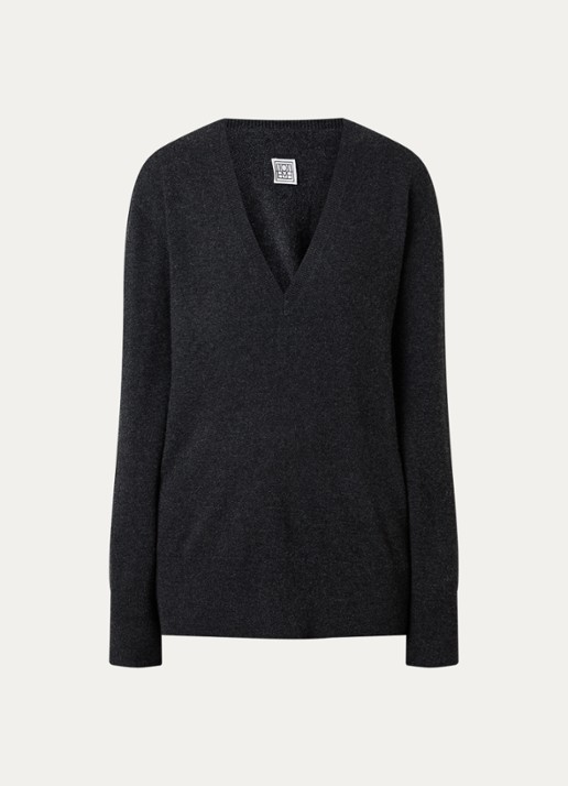 TOTEME Fijngebreide pullover van kasjmier met V-hals - voorkant 2 antraciet