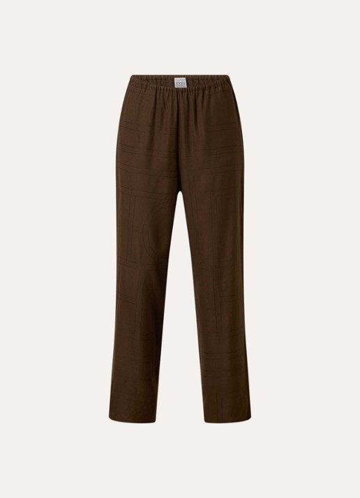 TOTEME High waist loose fit pantalon met logoborduring - voorkant donkerbruin
