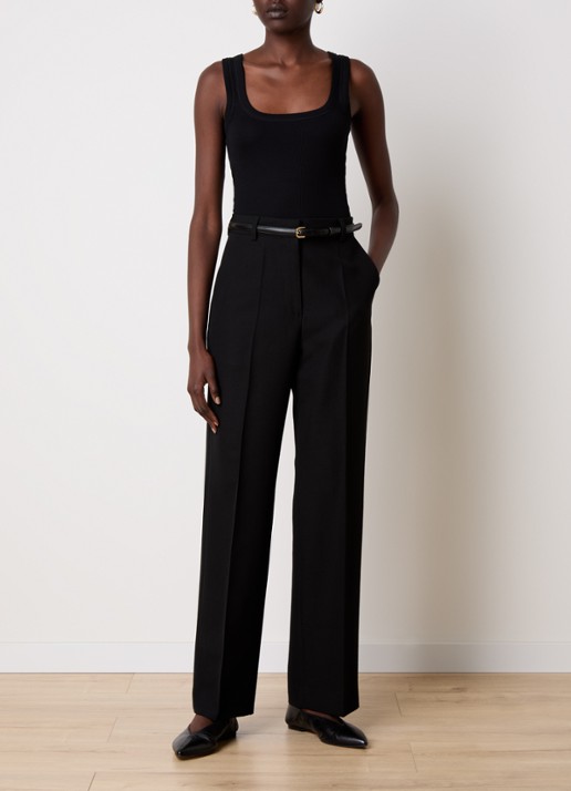 TOTEME High waist straight fit pantalon in wolblend met persplooi - voorkant 2 zwart