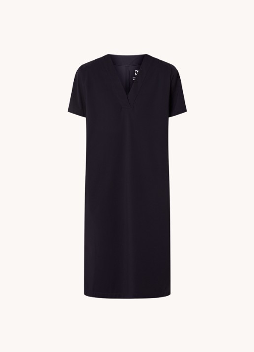 TRVL DRSS Midi jurk van travelstof  - voorkant 2 donkerblauw