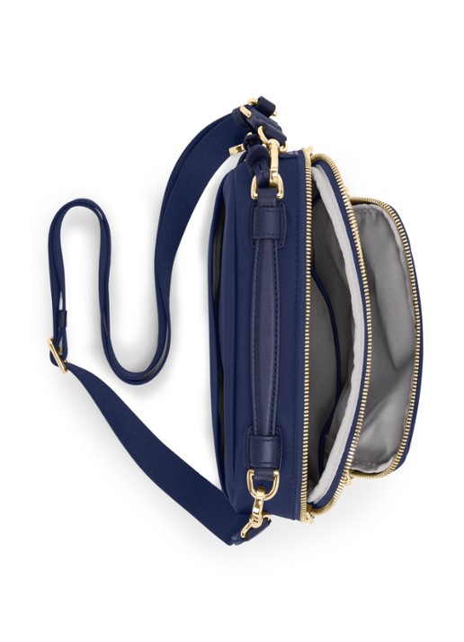 TUMI Teghan crossbodytas met leren details - achterkant indigo