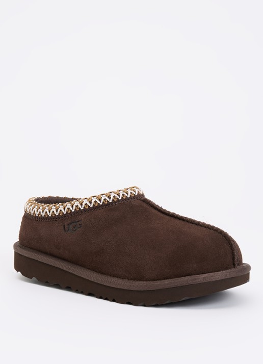 UGG Tasman instapper van suède met schapenwol - voorkant 3 donkerbruin