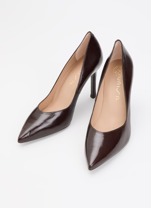 Unisa Teresa pump van leer met lakfinish - detail donkerbruin