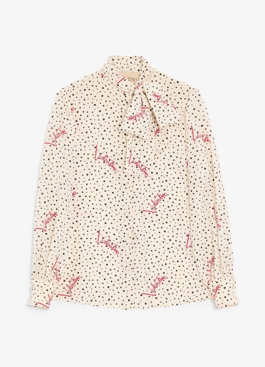 Valentino Garavani Blouse van zijde met logoprint en strikkraag - voorkant 2 creme