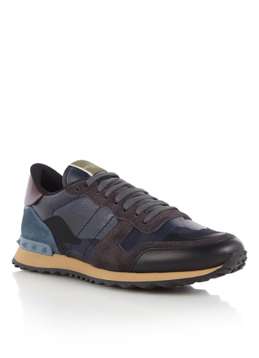 Valentino Garavani Camouflage Rockrunner sneaker van leer en suède - voorkant 4 donkerblauw