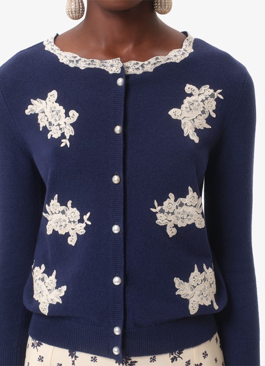 Valentino Garavani Fijngebreid vest van scheerwol met details van kant - detail 6 donkerblauw