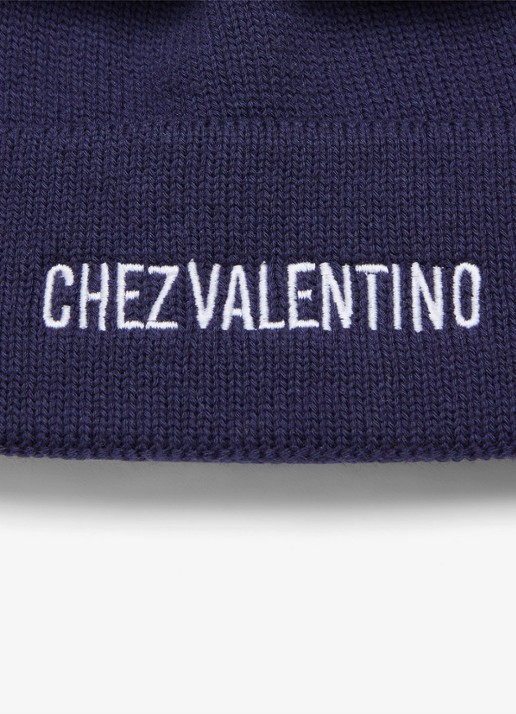 Valentino Garavani Fijngebreide muts in scheerwolblend met logoborduring - detail 2 donkerblauw