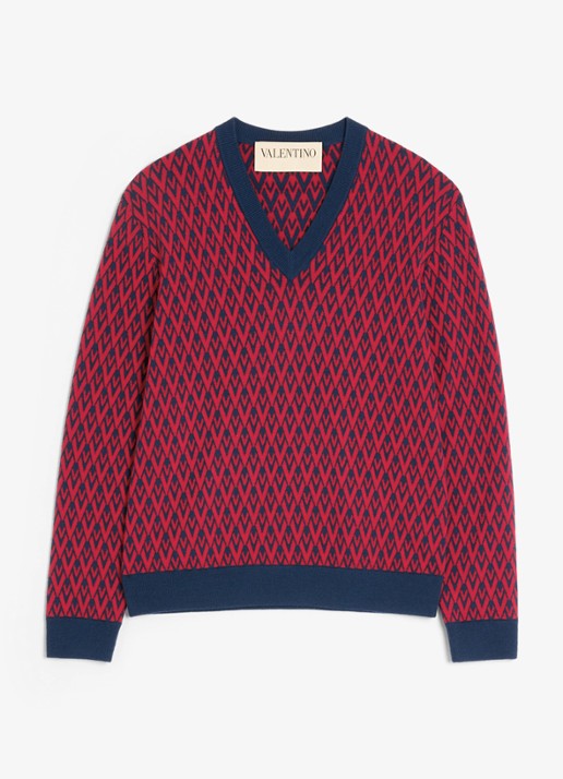 Valentino Garavani Fijngebreide pullover van scheerwol met ingebreid patroon - voorkant 2 donkerrood