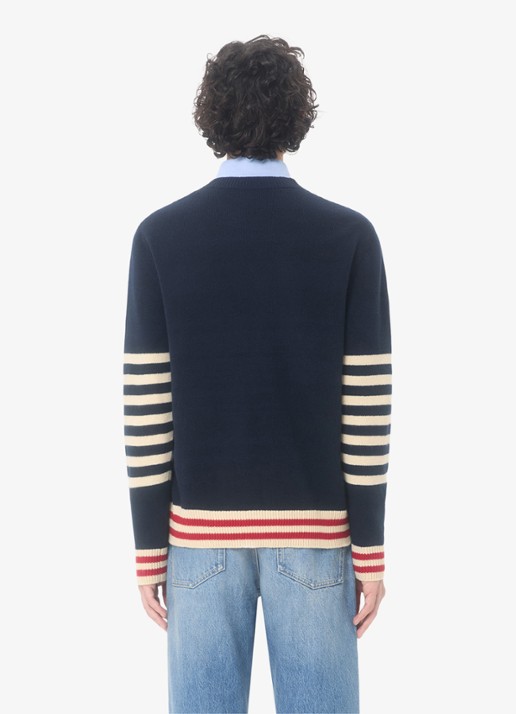 Valentino Garavani Fijngebreide pullover van scheerwol met streepprint - achterkant 3 donkerblauw