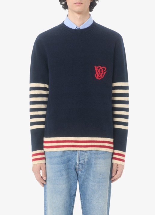Valentino Garavani Fijngebreide pullover van scheerwol met streepprint - detail 4 donkerblauw