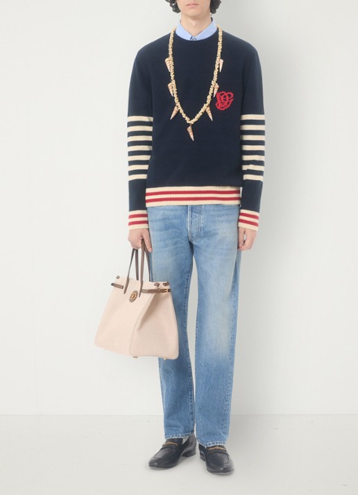 Valentino Garavani Fijngebreide pullover van scheerwol met streepprint - voorkant 2 donkerblauw