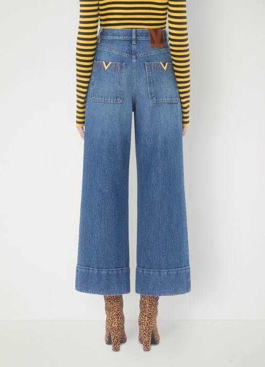 Valentino Garavani High waist wide leg cropped jeans met medium wassing - achterkant 4 indigo