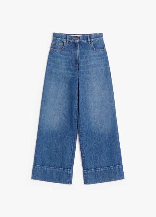 Valentino Garavani High waist wide leg cropped jeans met medium wassing - voorkant 5 indigo