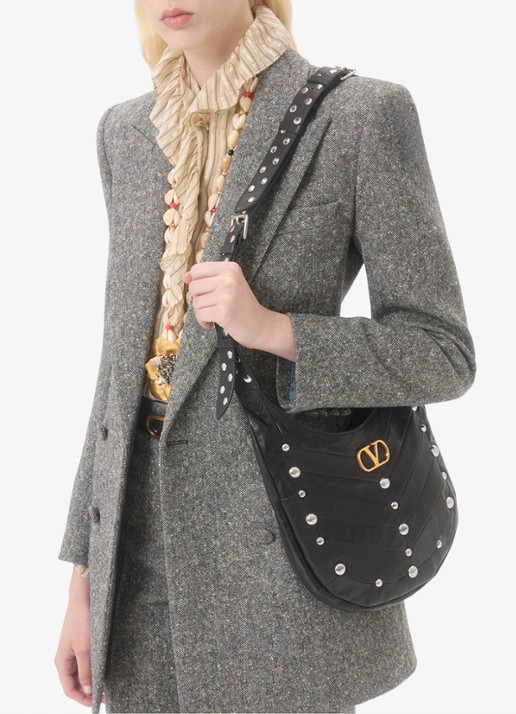 Valentino Garavani Hoboho Small schoudertas van lamsleer met studs - voorkant 8 zwart