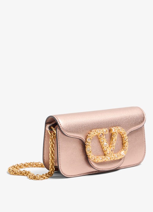 Valentino Garavani Locò Small handtas van kalfsleer met metallic finish - voorkant 6 oudroze