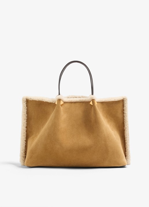 Valentino Garavani Medium shopper van kalfssuède met schapenvacht - achterkant 6 camel