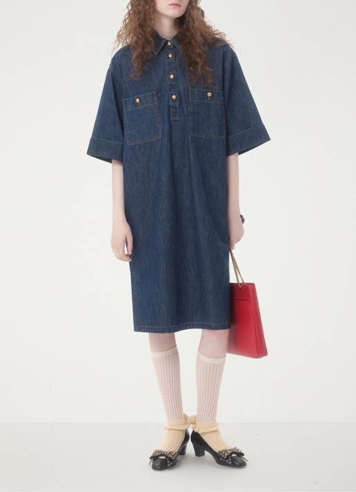Valentino Garavani Midi blousejurk van denim met borstzakken - voorkant 6 indigo