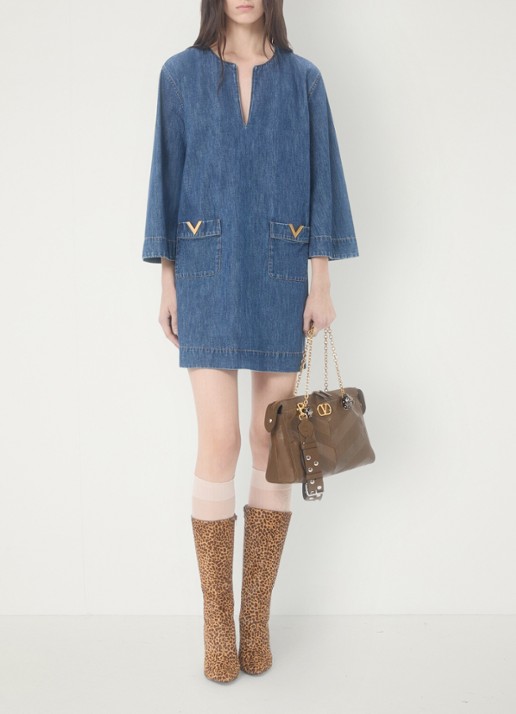 Valentino Garavani Mini tuniekjurk van chambray met opgestikte zakken - voorkant 8 indigo