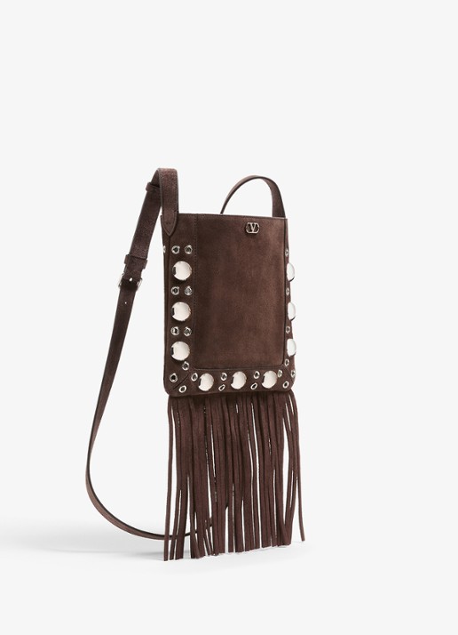 Valentino Garavani Nellcôte Small crossbodytas van suède met studs en franjes - detail bruin