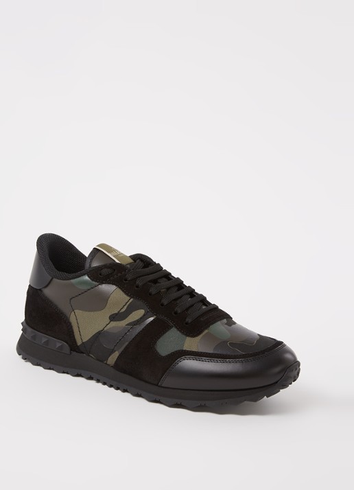 Valentino Garavani Rockrunner sneaker van leer met suède details - voorkant legergroen