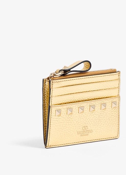 Valentino Garavani Rockstud pasjeshouder van kalfsleer met metallic finish en studs - detail goud